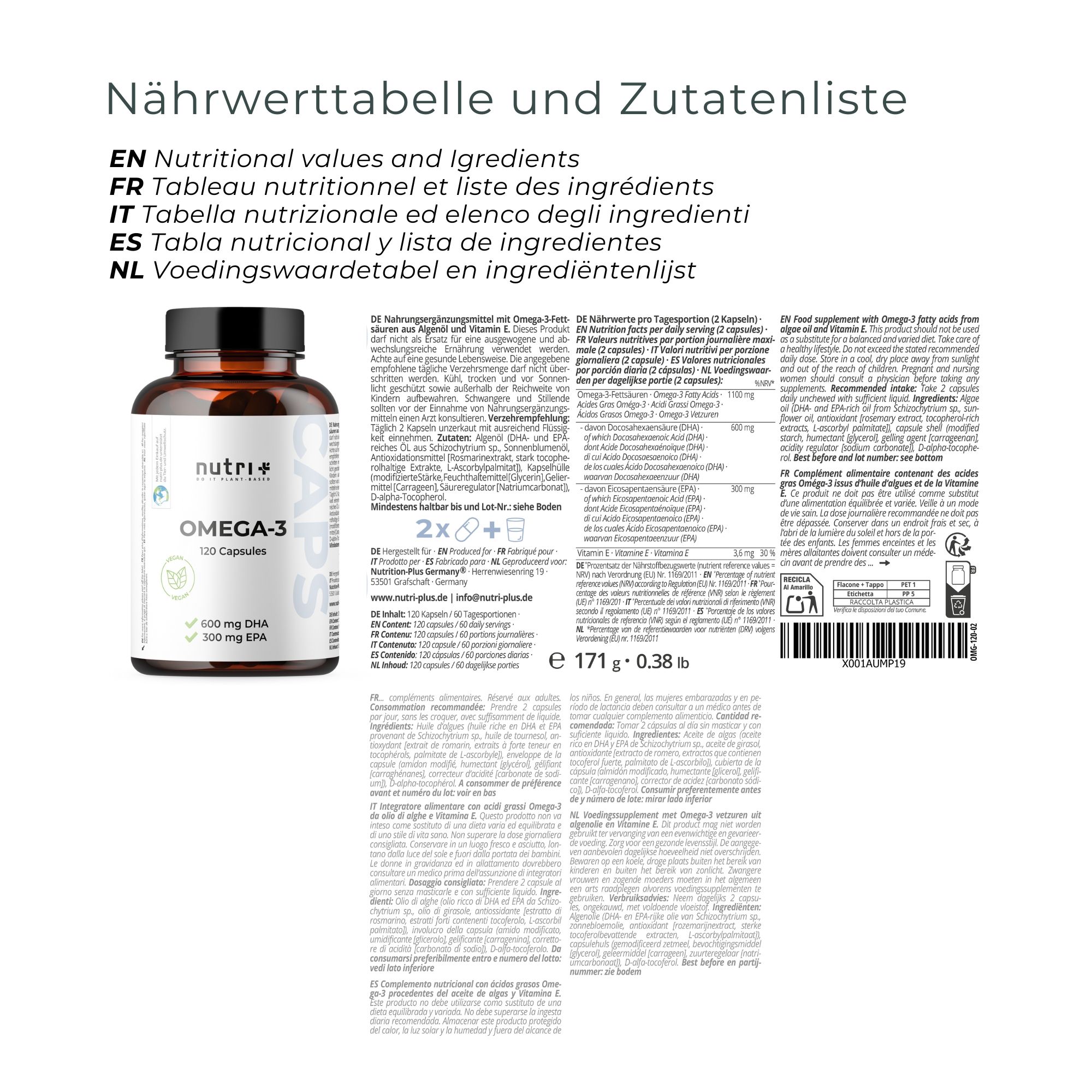 Tableau nutritionnel et liste des ingrédients. Un flacon nutri+ Omega-3 à côté d'une étiquette avec du texte en allemand, anglais, français, italien et néerlandais.