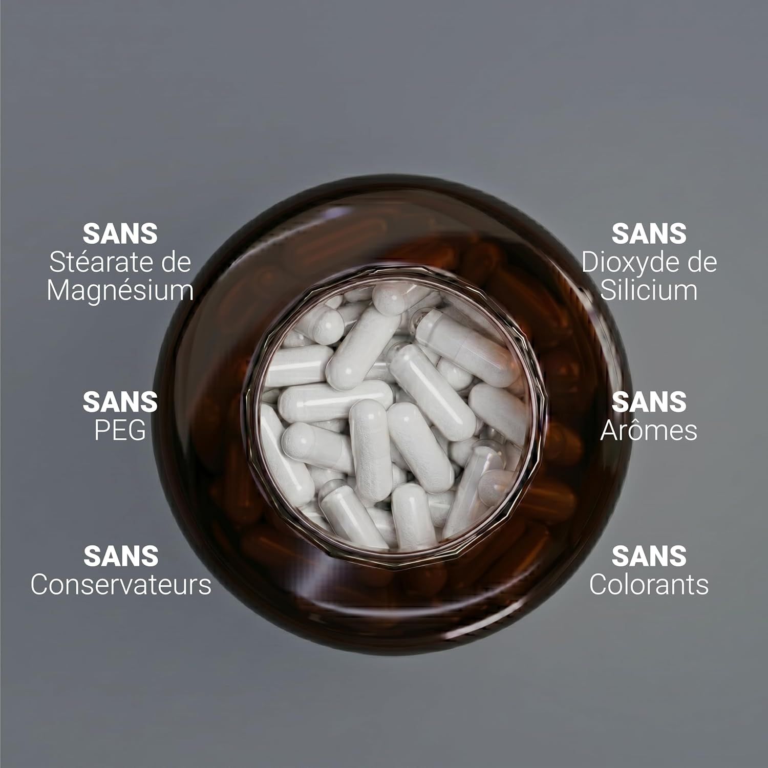 Bouteille de capsules de Nicotinamide Riboside, mentions "Sans".