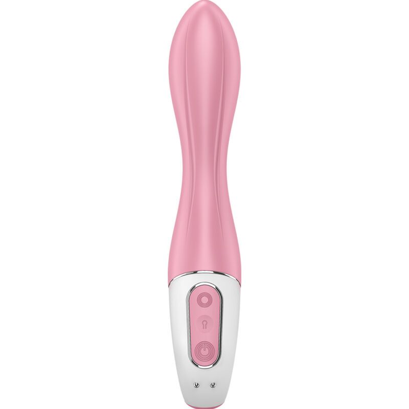 Een roze vibrator met een gebogen vorm, gegroefd oppervlak en witte accent.