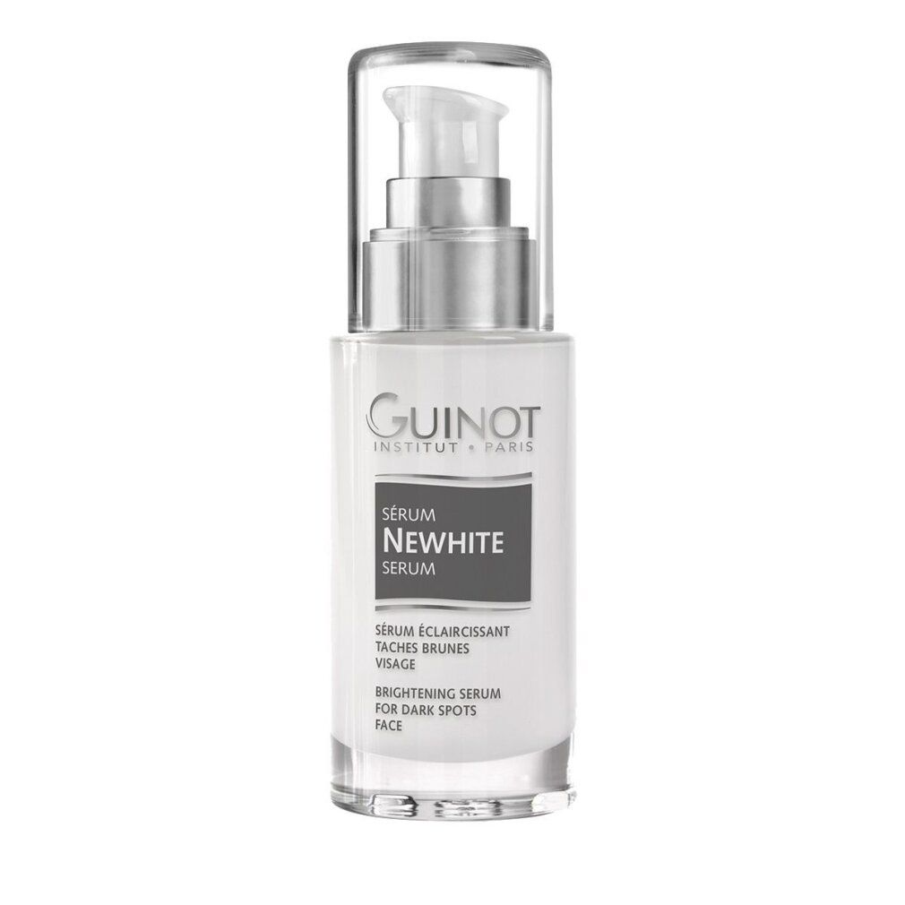 Guinot Newhite Serum. Witte fles met pomp en transparante dop. Zwarte tekst op wit etiket. Productnaam en merk zichtbaar.