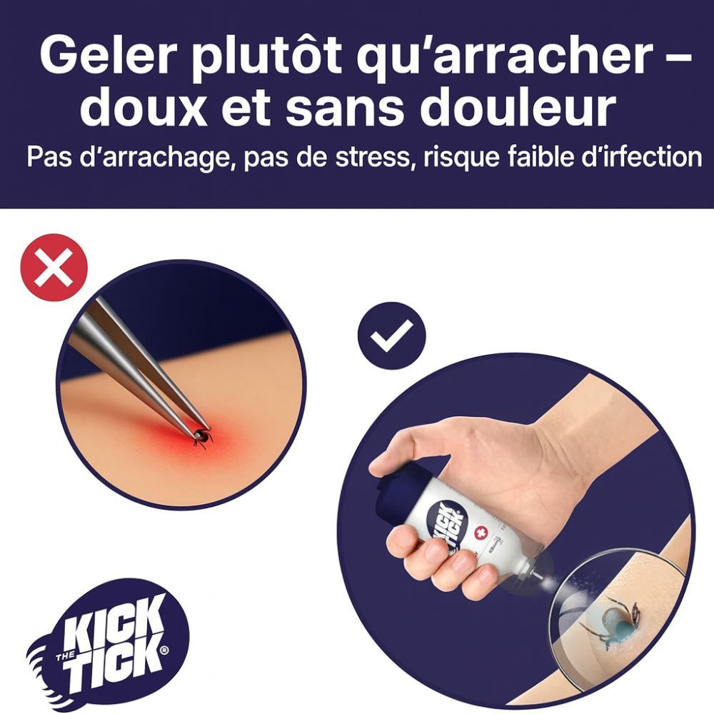 Illustration : extraction de tique avec pince (faux) et congélation avec spray (correct). Logo : Kick the Tick. Texte : doux et indolore.