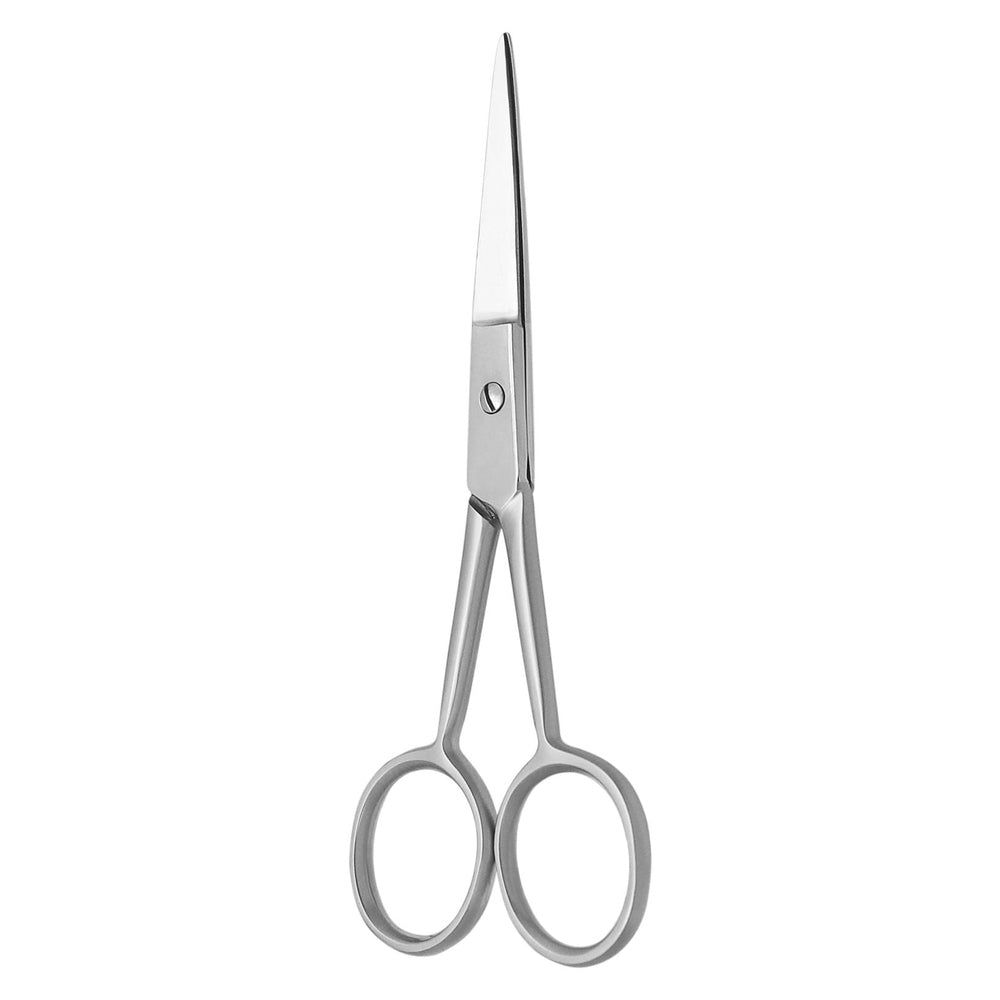 Zilveren baardschaar. Metaal, met twee vingerringen. Scherpe, puntige bladen. Scharnier verbonden met schroef.