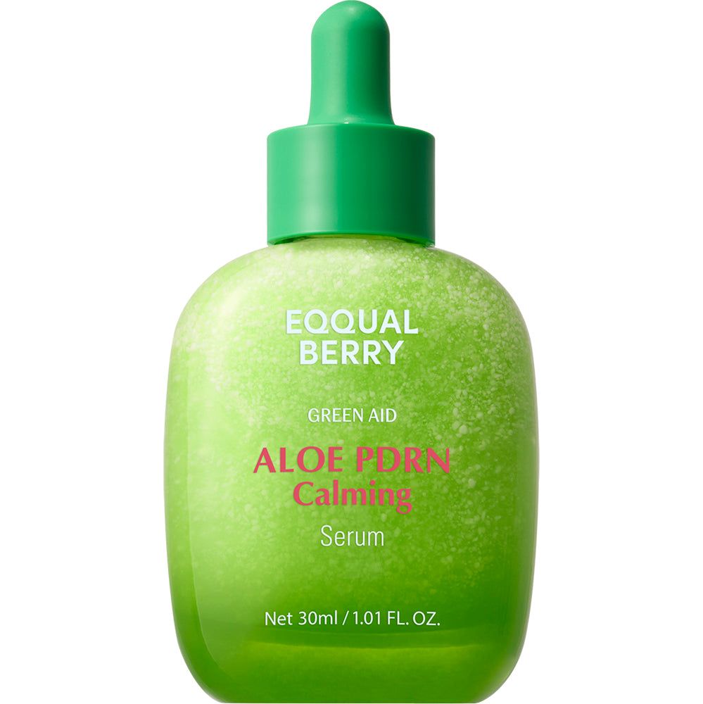 Groene fles met druppelaar, EQQUAL BERRY Aloe PDRN Calming Serum, 30ml.
