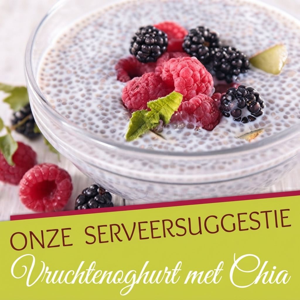 Schaal met chiazaadpudding, gegarneerd met bessen en munt, met serveersuggestie.