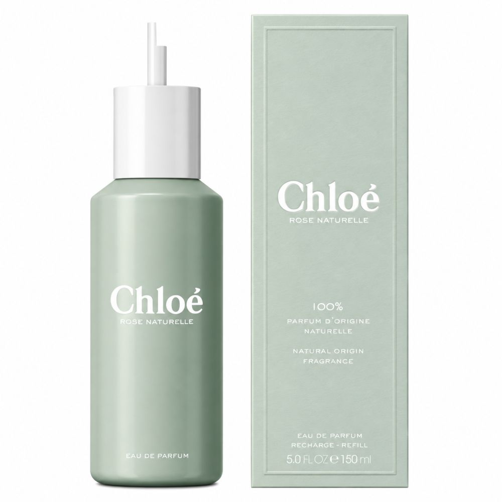 Groene navulflacon voor Eau de Parfum naast bijpassende verpakking. Chloe Rose Naturelle tekst.