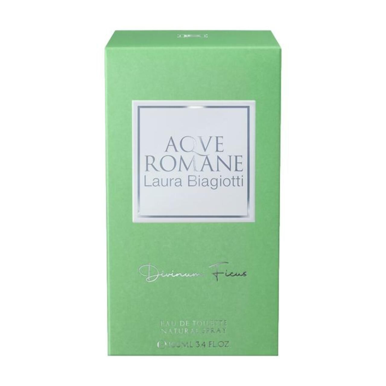 Emballage vert avec cadre blanc et texte "Aqve Romane Laura Biagiotti". En dessous "Divinum Ficus".
