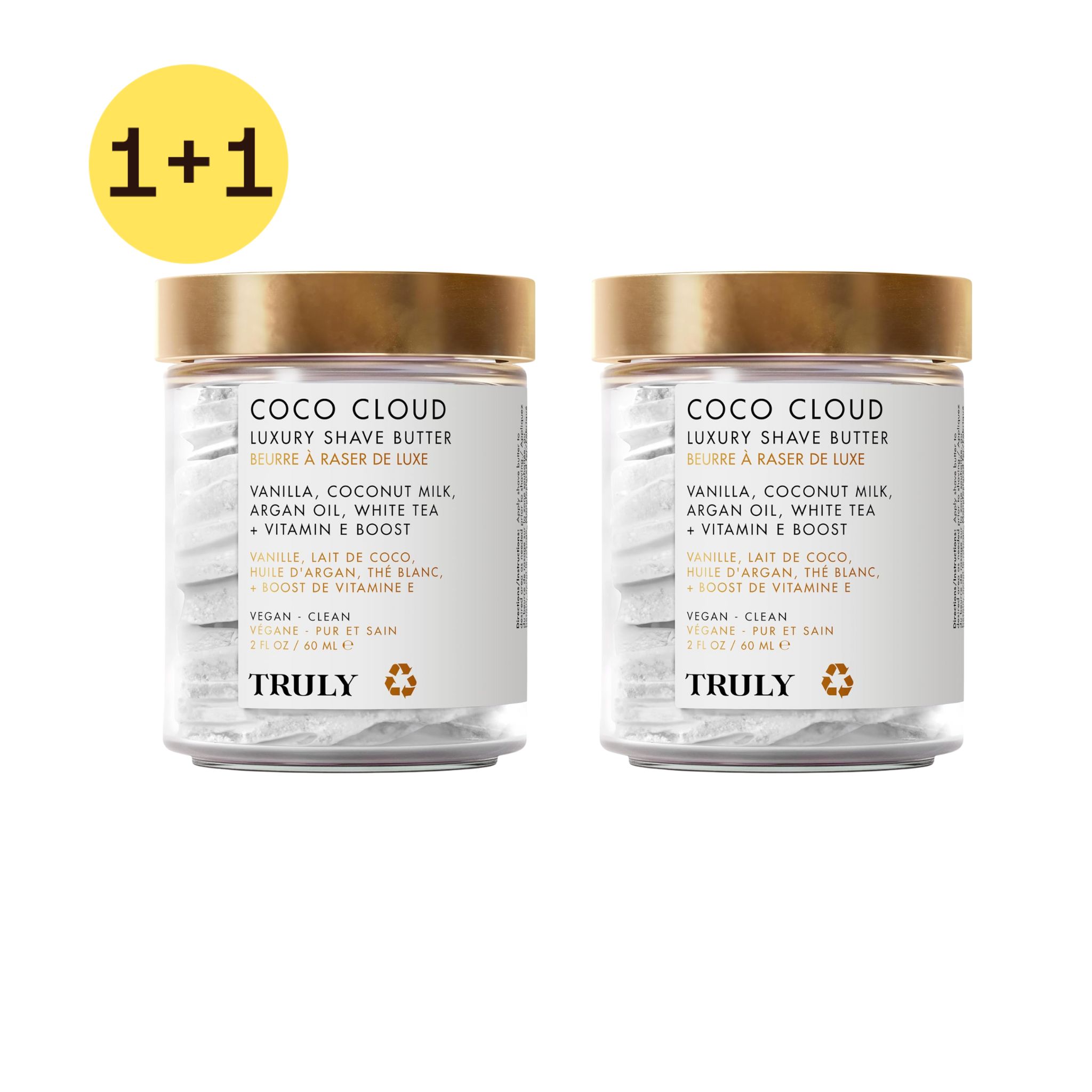 Deux pots de beurre à raser Coco Cloud avec couvercles dorés. Texte : Vanille, lait de coco, huile d'argan. Campagne 1+1.