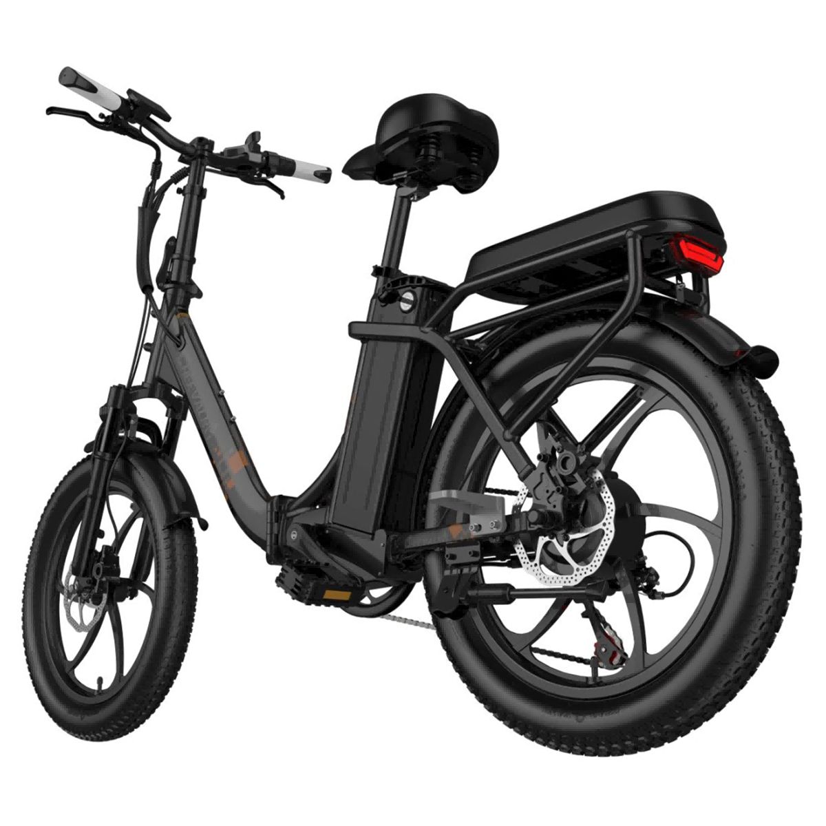 Vélo électrique noir avec porte-bagages et feu arrière. Selle et guidon visibles.