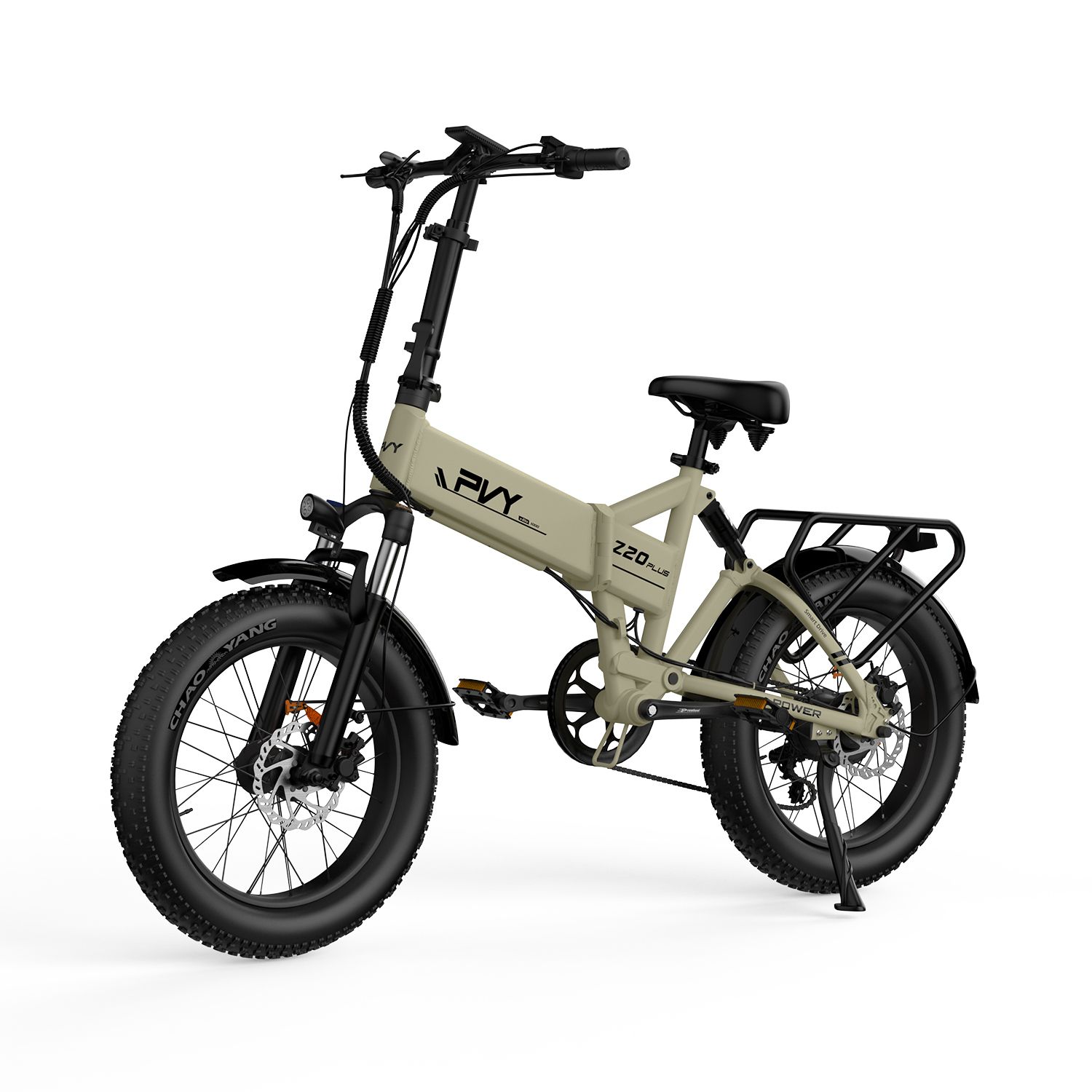 Beige elektrische fiets met zwarte banden en bagagedrager. PVY Z20 Plus is zichtbaar op het frame.