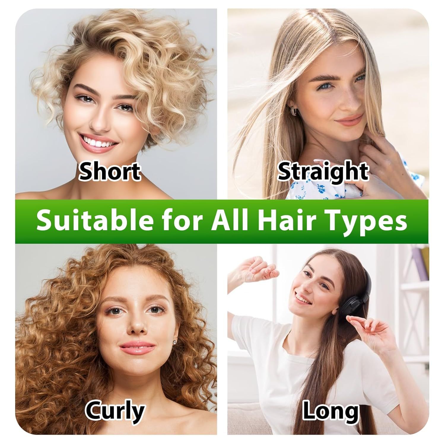 Vier vrouwen met verschillende haartypes: kort, steil, krullend en lang. Tekst: Geschikt voor alle haartypes.