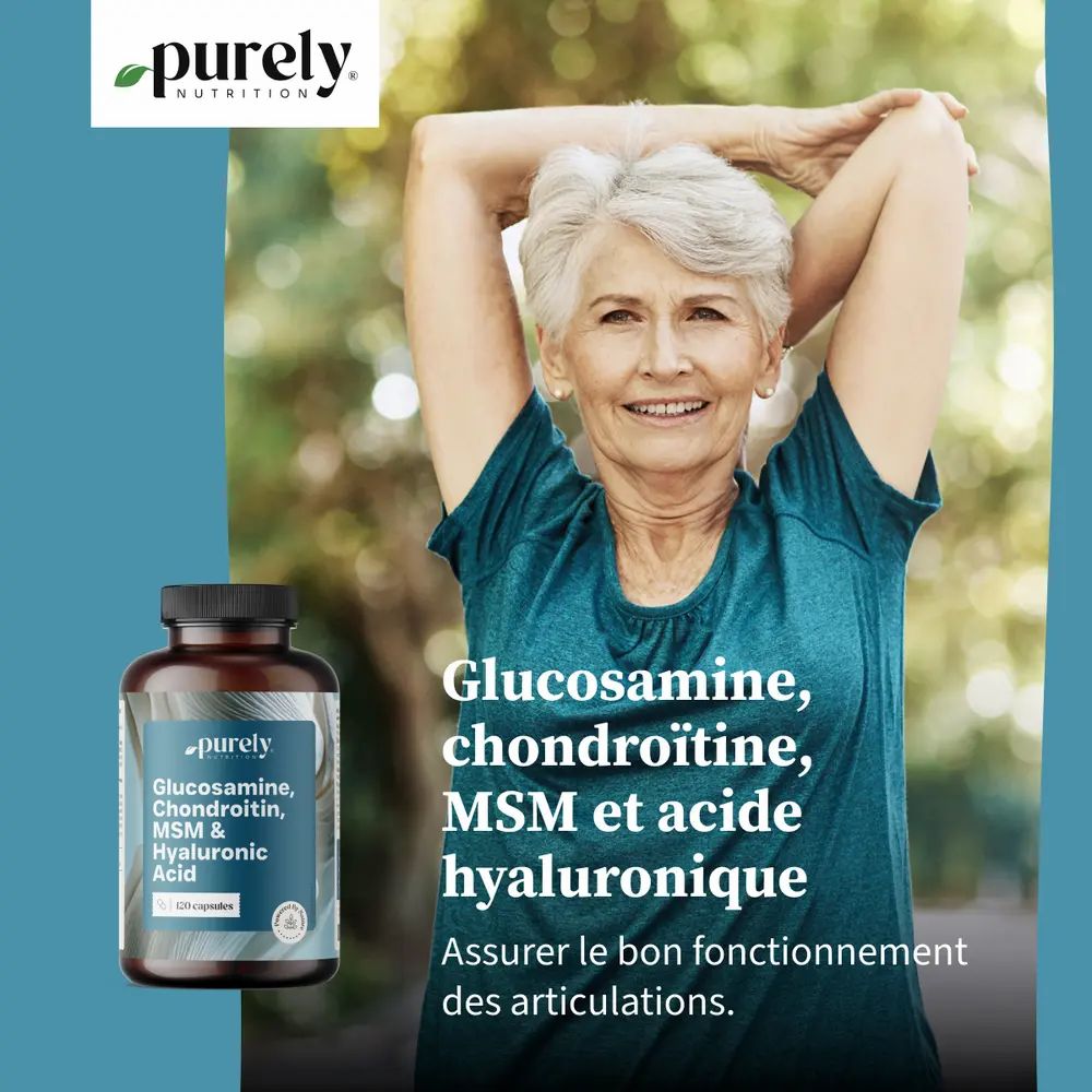Femme âgée s'étire. À côté d'elle: flacon avec inscription: Purely, Glucosamine, Chondroïtine, MSM & Acide hyaluronique. Texte: articulations souples.