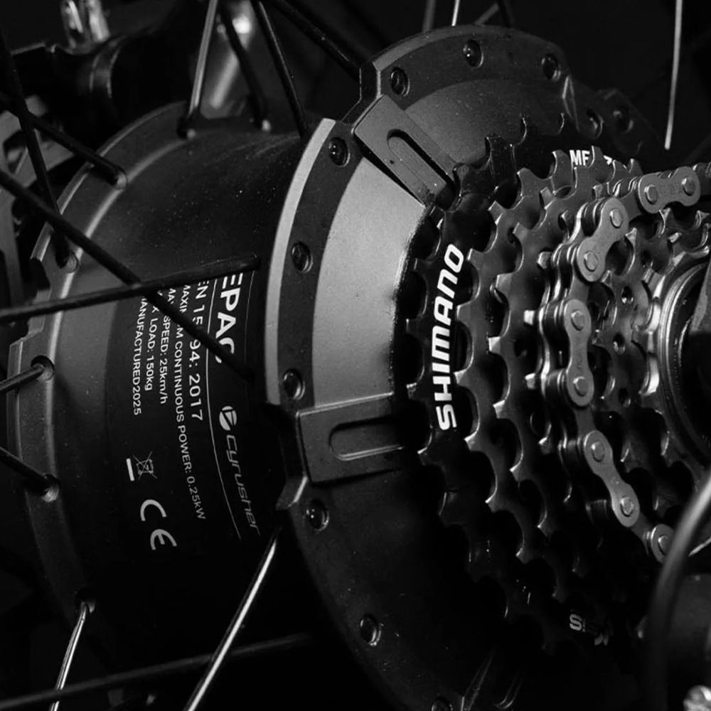 Close-up van het achterwiel van een e-bike. Shimano versnelling en tandwiel zichtbaar.