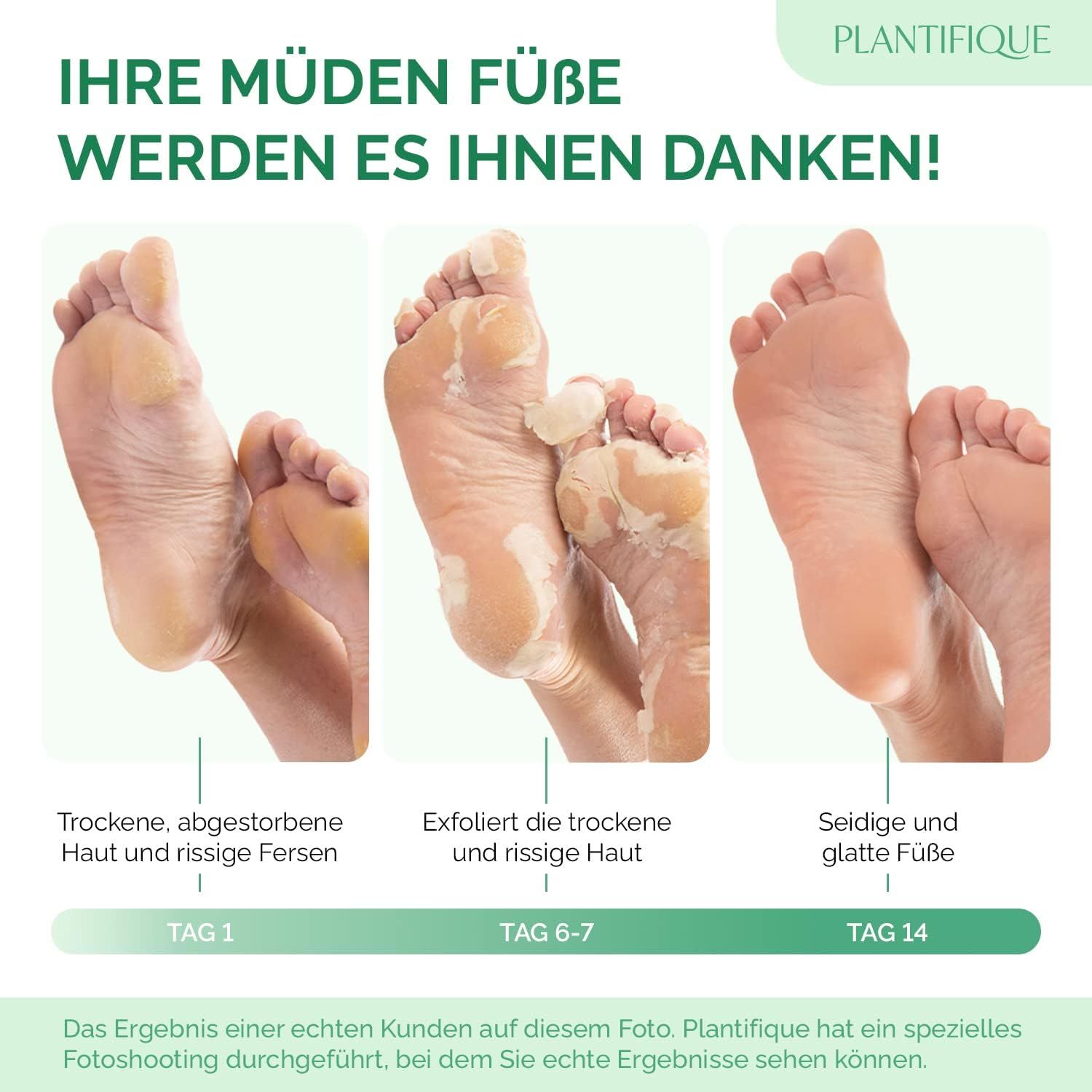 Trois images montrent l'effet du masque pour les pieds. Pieds secs, puis peau qui pèle, enfin pieds lisses. Texte : Jour 1, Jour 6-7, Jour 14.