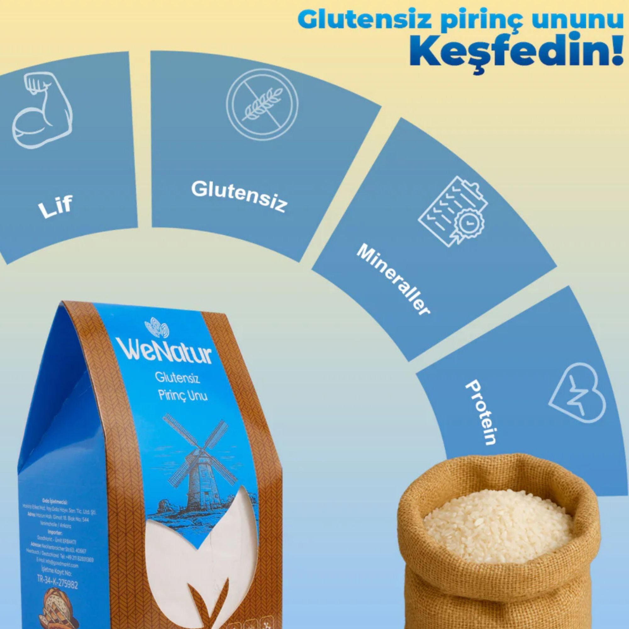 WeNatur glutenvrije rijstmeel met iconen voor vezels, glutenvrij, mineralen en eiwitten.