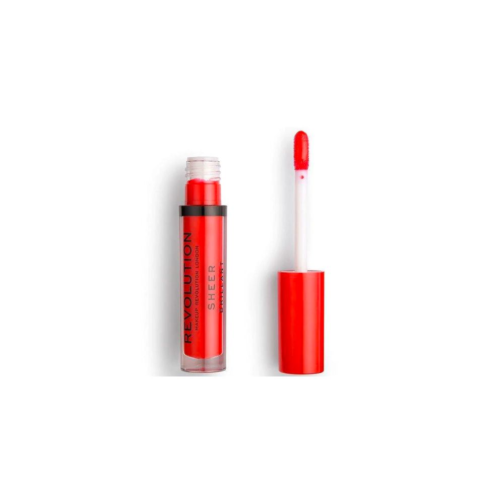 Gloss à lèvres rouge avec applicateur. Flacon et applicateur rouges. "REVOLUTION SHEER" est écrit sur le flacon.
