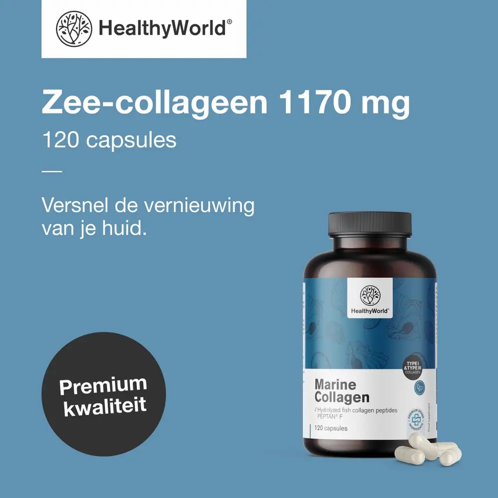 Fles met tekst: Zeecollageen 1170 mg, 120 capsules. Logo: HealthyWorld. Premium kwaliteit.