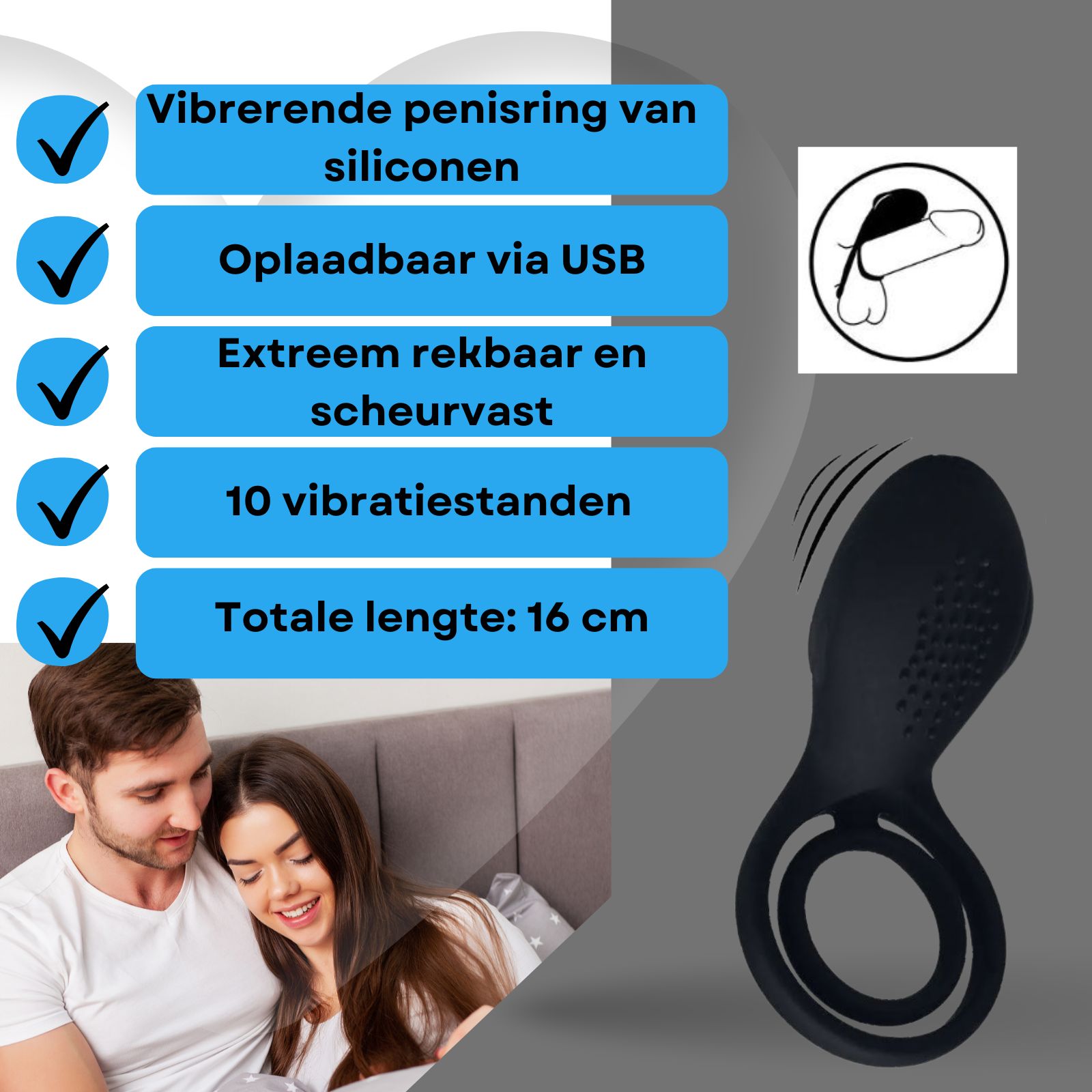 Vibrerende penisring. Tekst: Extreem rekbaar en scheurvast.