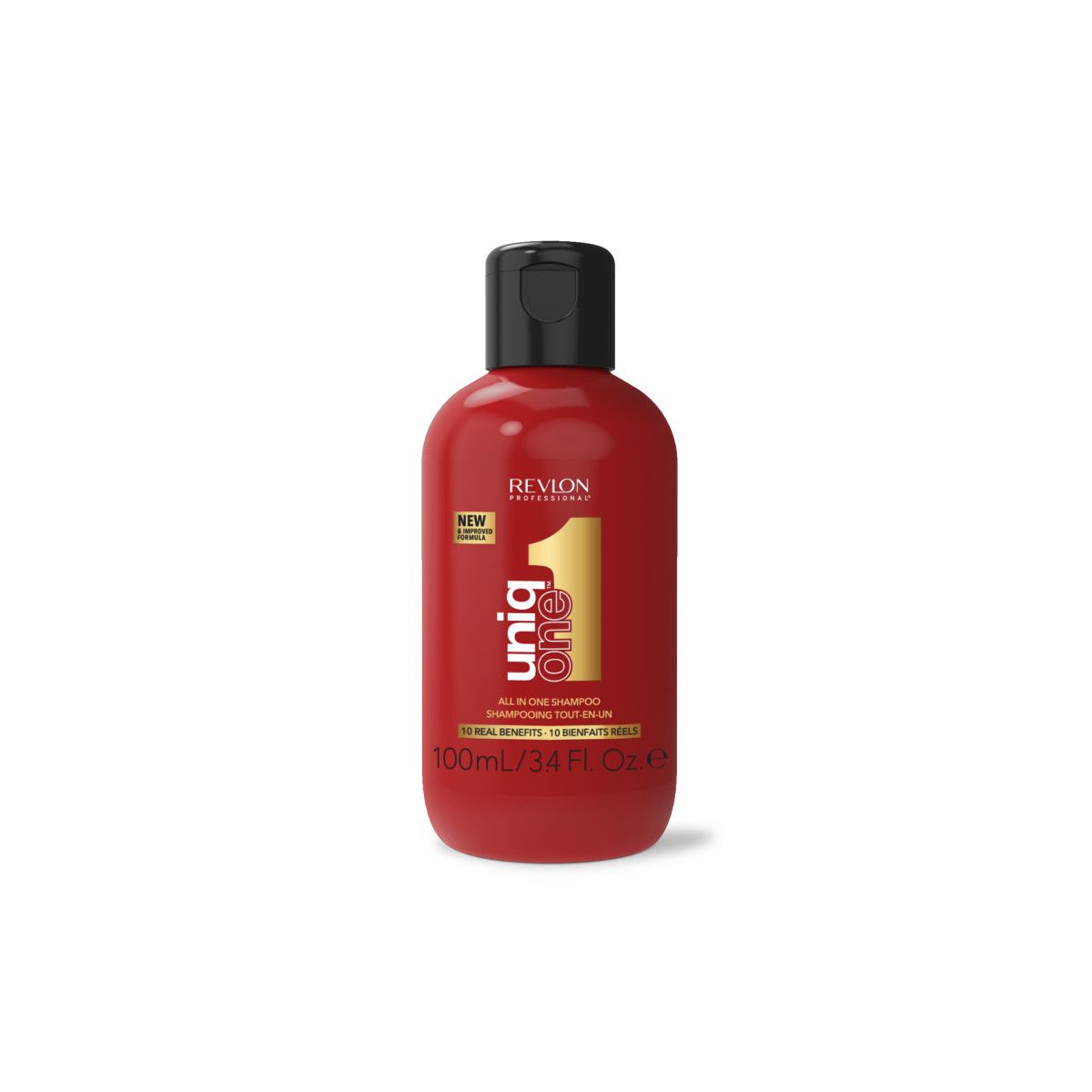 Flacon de shampooing rouge avec bouchon noir. Inscription: Revlon Uniq One. 100ml.