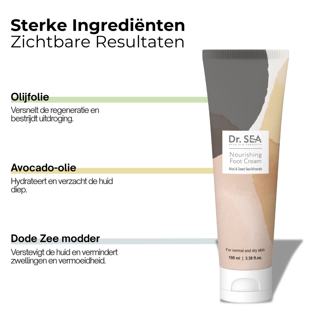 Voetcrèmetube met productnaam en merk. Verloop van beige naar grijs. Tekst: « Nourishing Foot Cream » en « Dr. SEA ».