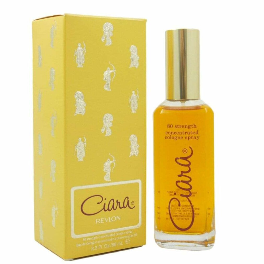 Gele doos en fles. Doos: Ciara, Revlon. Fles: Ciara, 80% sterkte, Eau de Toilette spray.