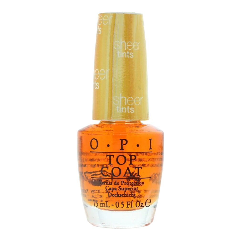 Flacon de vernis à ongles avec bouchon jaune. Inscription: OPI Sheer Tints Top Coat. Contenu: 15 ml.