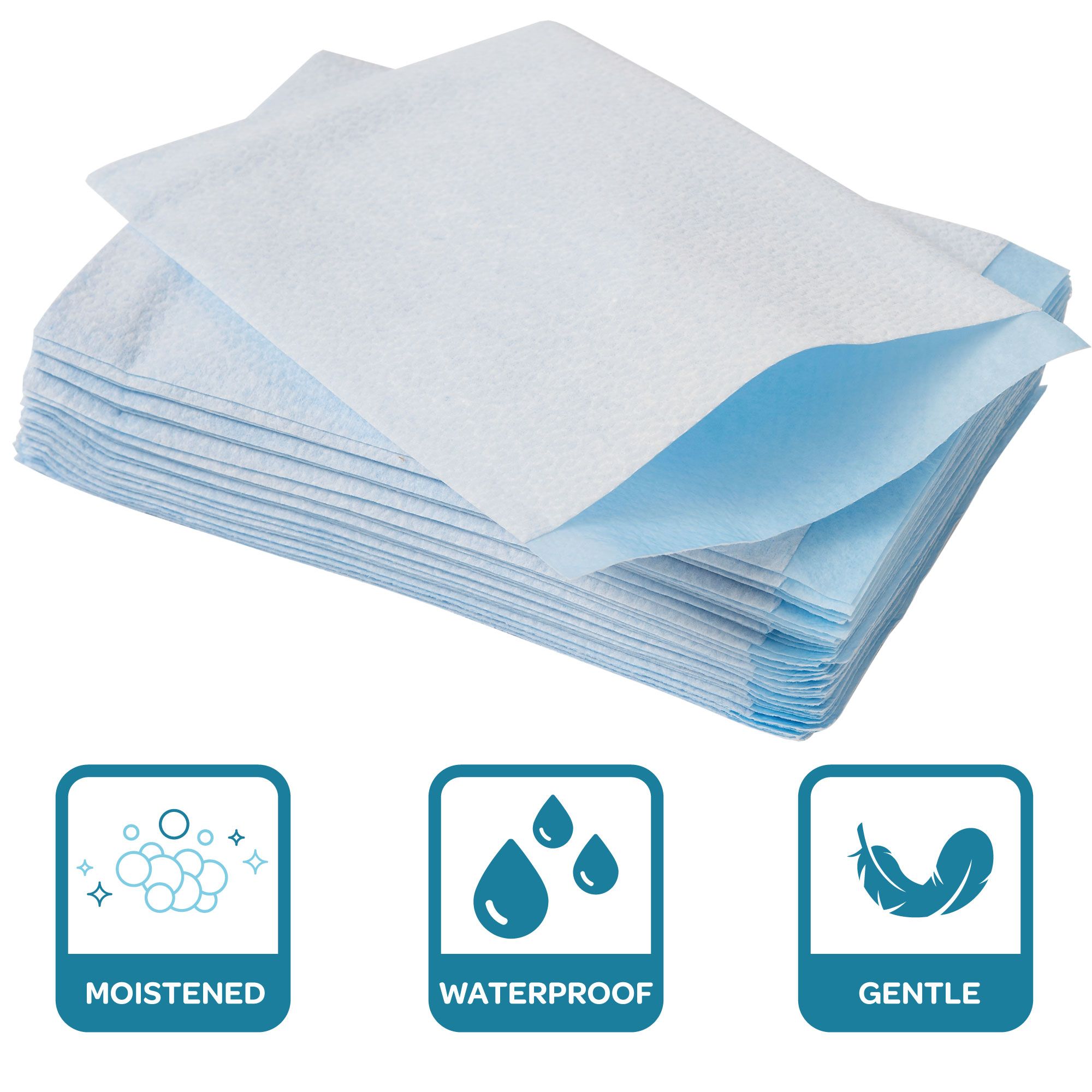 Stapel blauwe washandjes. Symbolen: Bevochtigd, waterdicht, zacht.
