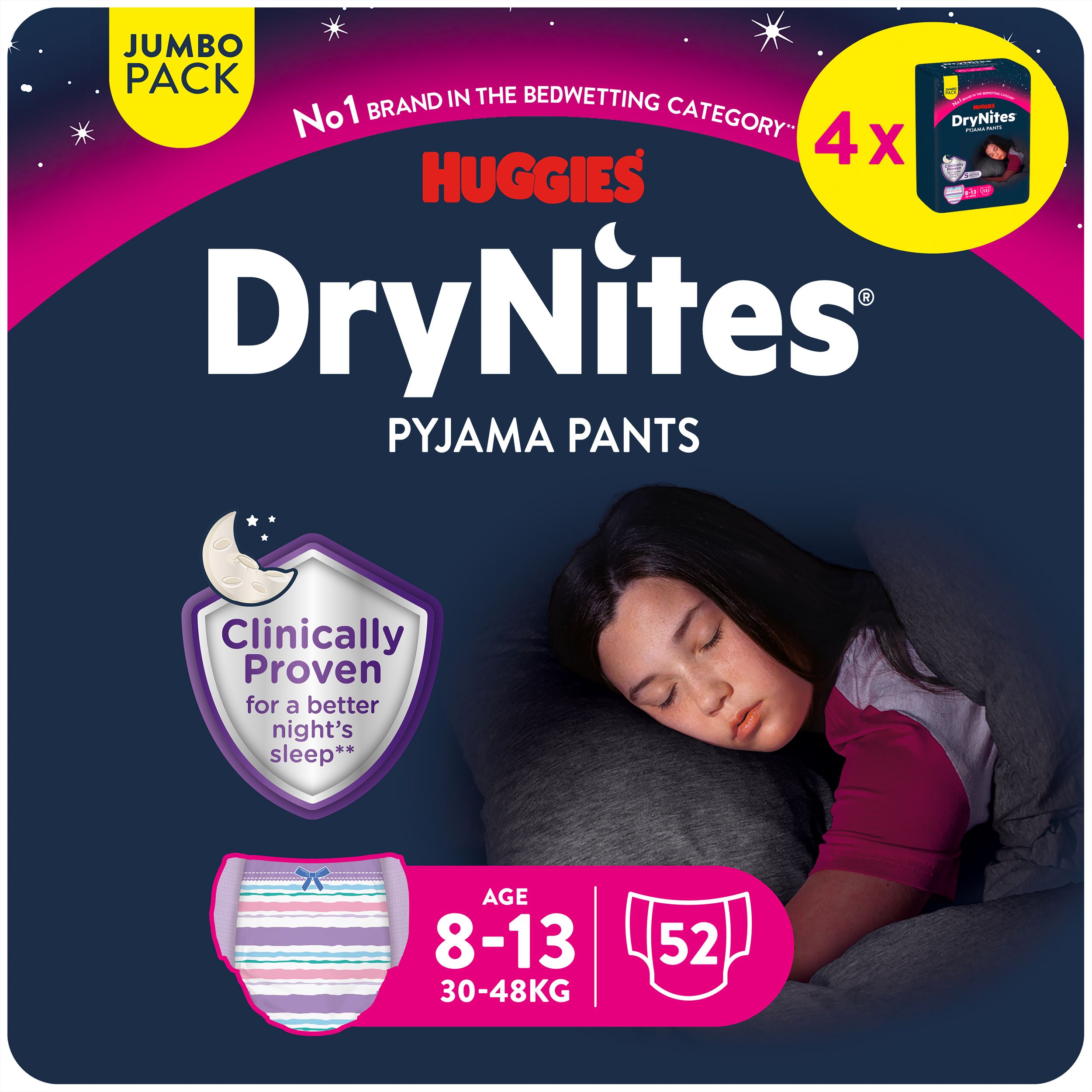 Huggies DryNites Pyjama Pants, Jumbo Pack. Bevat 52 luiers voor meisjes van 8-13 jaar, 30-48 kg.