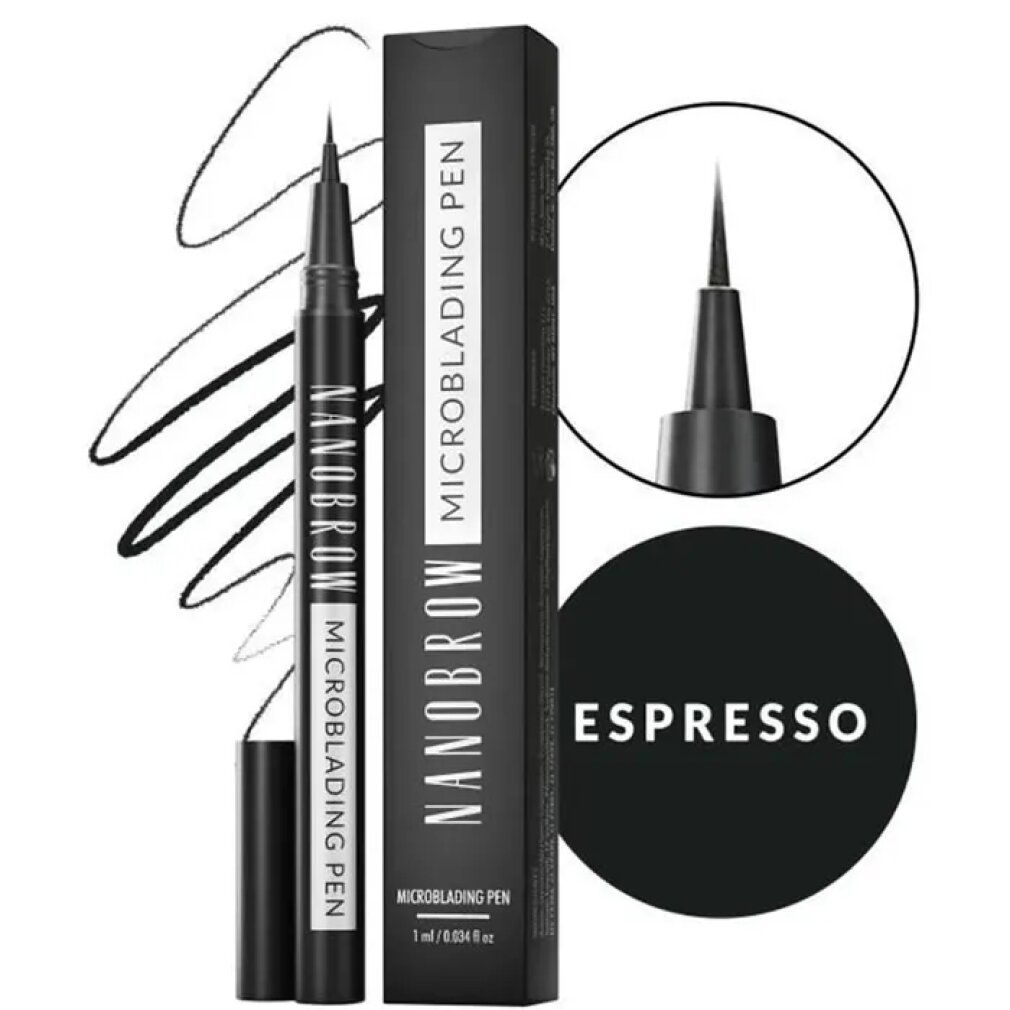 Stylo noir "Nanobrow Microblading Pen". Emballage noir avec nom du produit et "Espresso" dans un cercle.