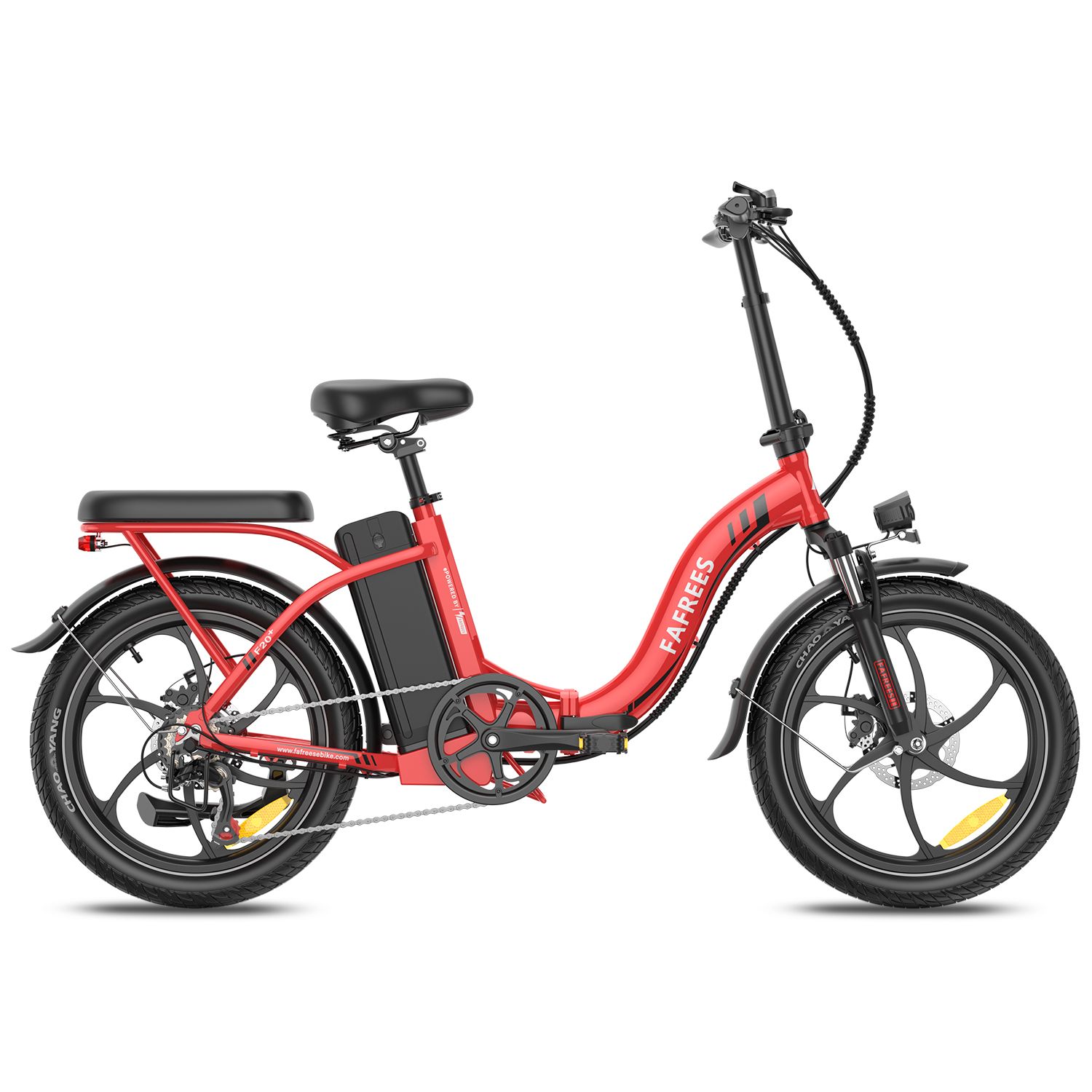 Rode Fafrees F20+ opvouwbare e-bike. Zwarte banden, zadel en accu. Merk zichtbaar.