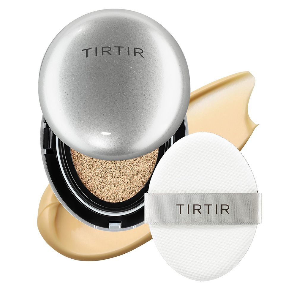 TIRTIR Mask Fit Aura Cushion 24W Soft Beige met applicator en foundation swatches.