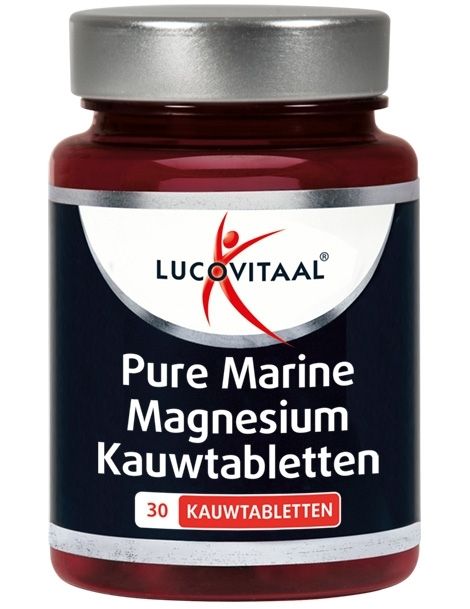Bruine fles Pure Marine Magnesium Kautabletten. Zilveren dop, wit etiket met logo en productnaam. 30 tabletten.