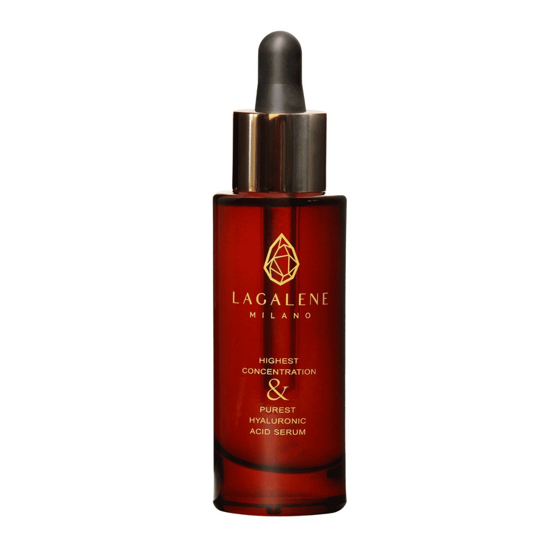Bruine serumfles met gouden dop. Opschrift: Lagalene Milano. Tekst: Highest Concentration & Purest Hyaluronic Acid Serum.