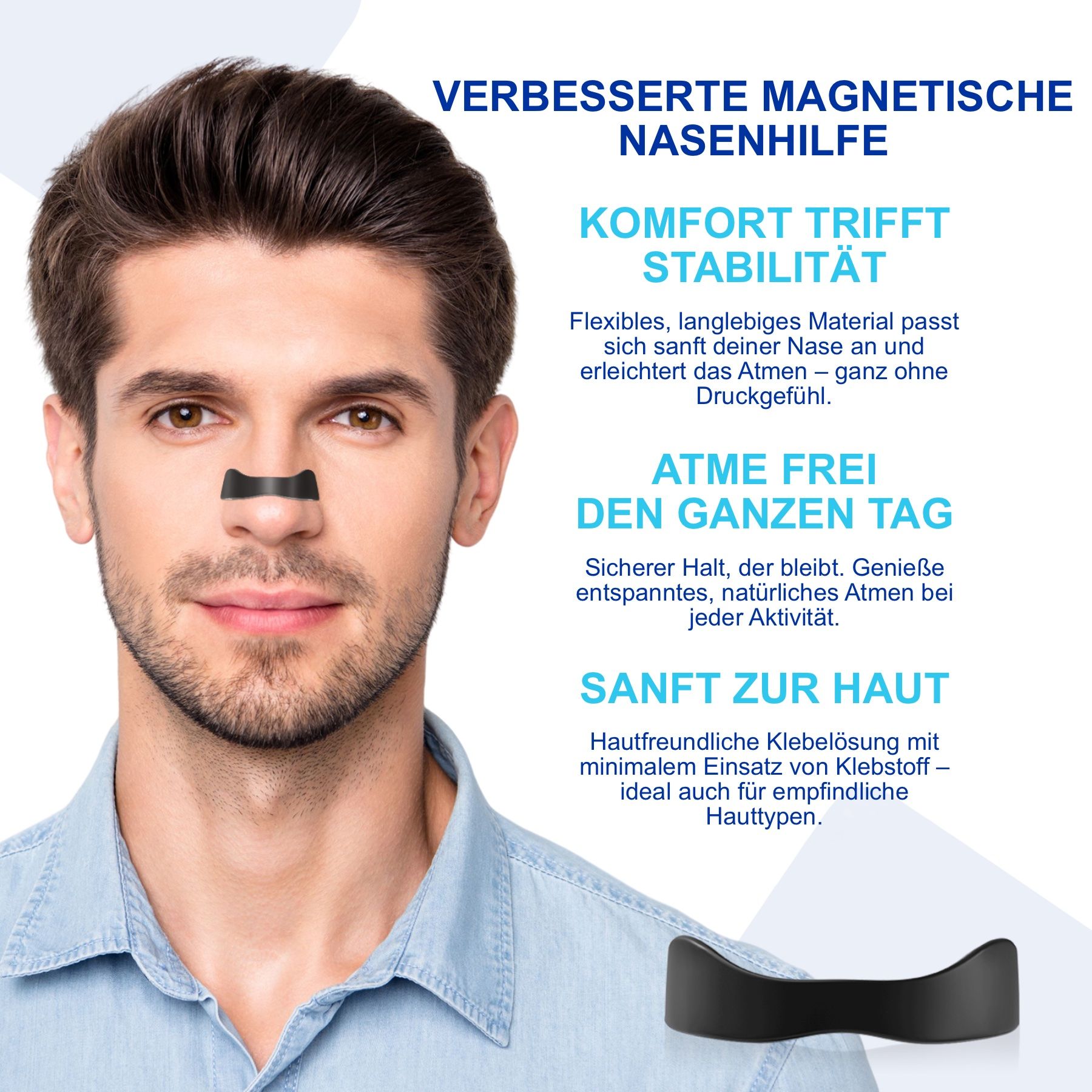 Close-up van een man met een zwarte neusstrip. Tekst: Comfort ontmoet stabiliteit, adem vrij, zacht voor de huid.