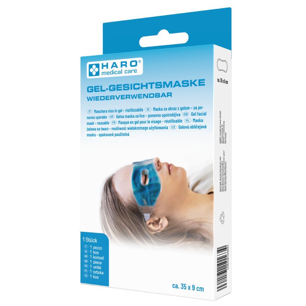 Verpakking van Haro gel gezichtsmasker. Blauw gel gezichtsmasker op gezicht van persoon. Herbruikbaar, ca. 35 x 9 cm.