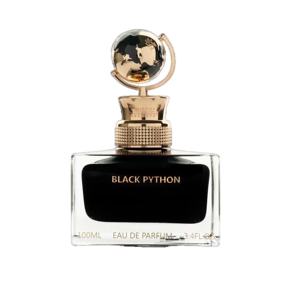Zwart parfumflesje met gouden dop en globe. Opschrift: BLACK PYTHON, Eau de Parfum. Inhoud: 100ml, 3.4FL.