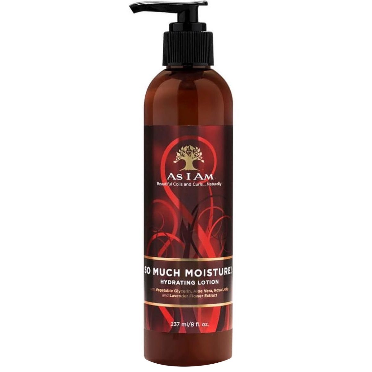 Lotion hydratante As I Am So Much Moisture avec pompe. Bouteille brune avec étiquette rouge.