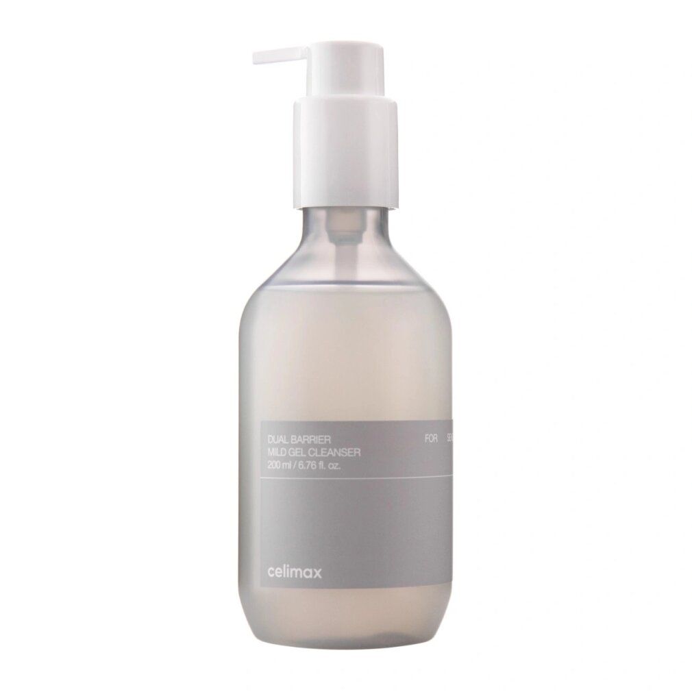 Celimax Dual Barrier Mild Gel Cleanser, 200ml, dans une bouteille transparente avec distributeur pompe blanc.
