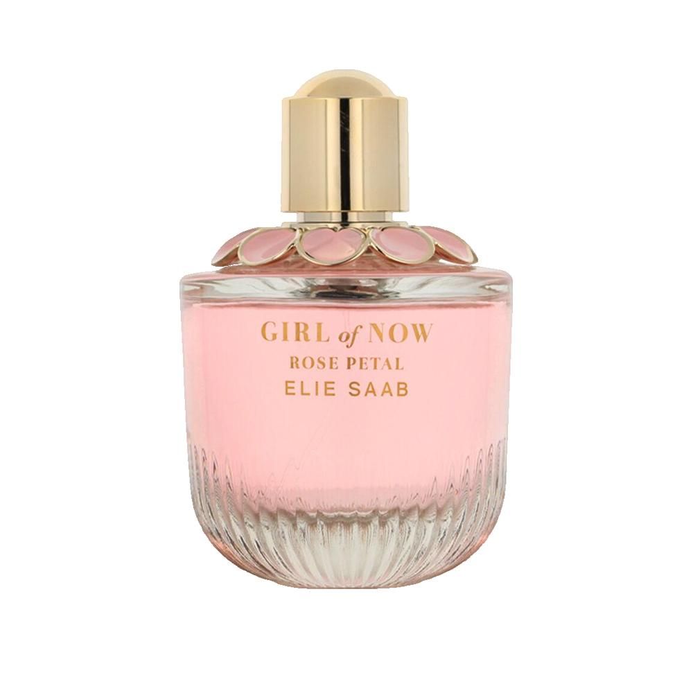 Flacon spray naturel Elie Saab Girl of Now Rose Petal Eau de Parfum avec bouchon doré et application florale.