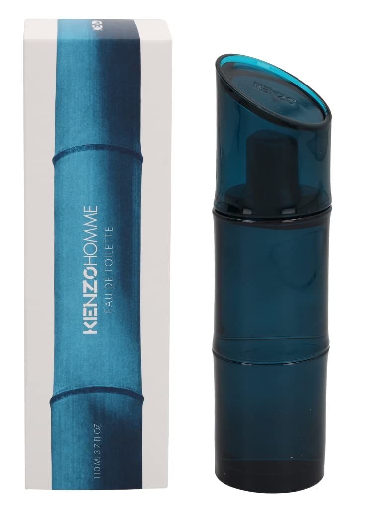 Flacon et emballage turquoise. L'emballage porte la mention Kenzo Homme Eau de Toilette. 110 ml.