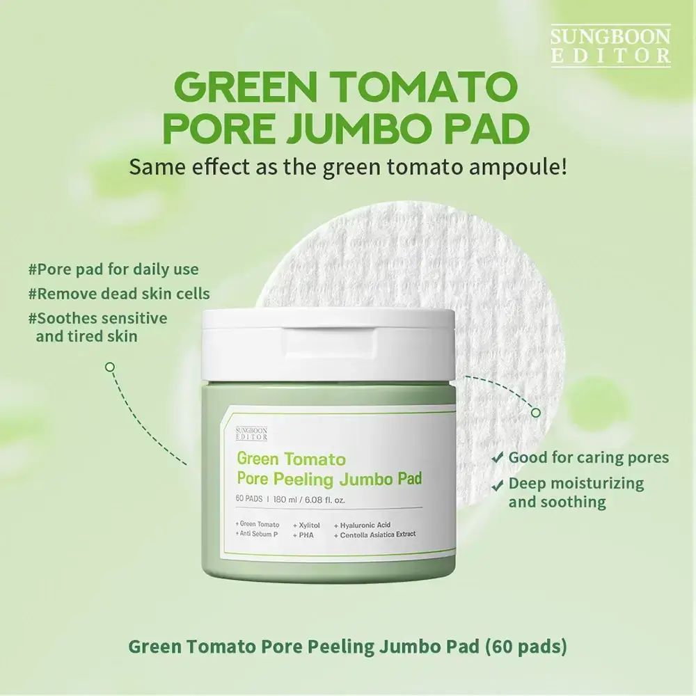 Pot vert avec étiquette produit. Texte: Green Tomato Pore Peeling Jumbo Pad. Marque: SUNGBOON EDITOR.