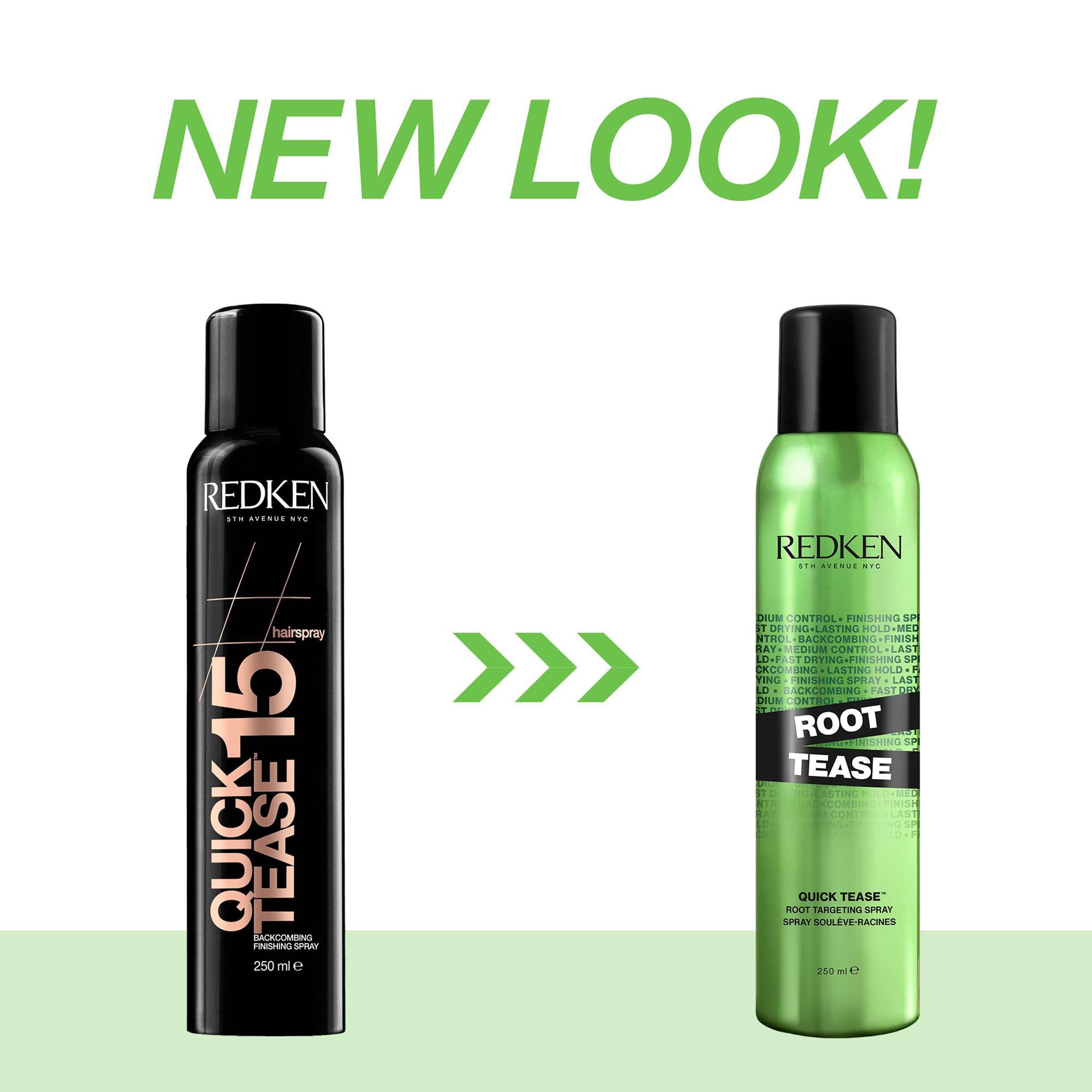 Deux sprays Redken Quick Tease. Gauche : noir. Droite : vert. Des flèches indiquent le changement. Texte : Nouveau look !