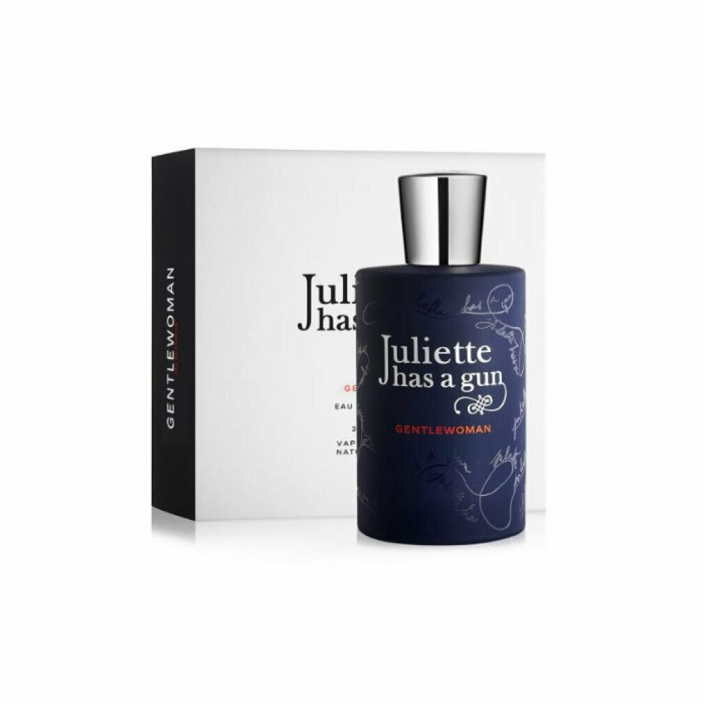 Donkerblauwe fles en witte doos. Opschrift: Juliette has a gun, Gentelwoman. Fles met zilveren dop.