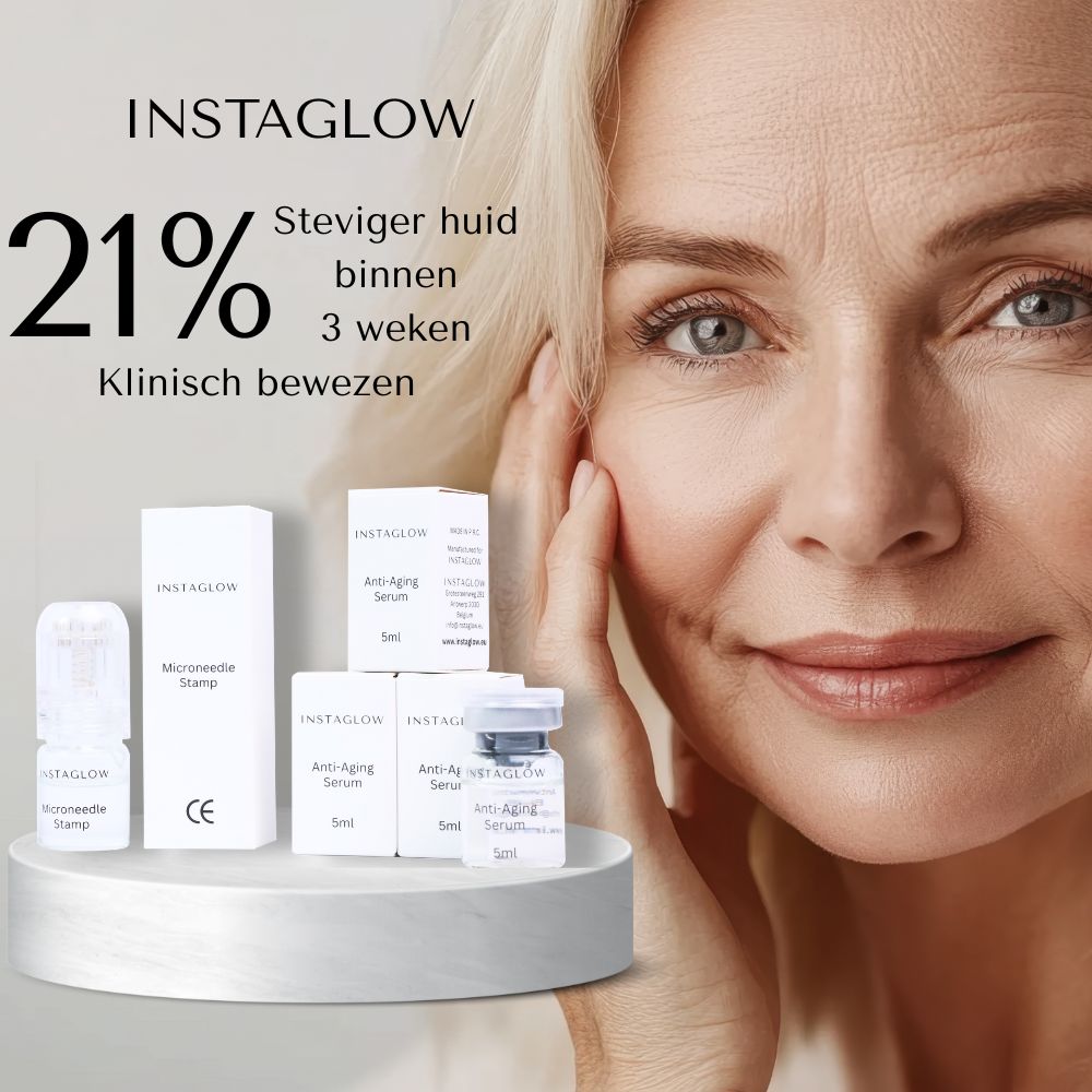 Vrouw met huid. Instaglow Microneedling Anti-Aging Infusion Kit. Producten en tekst: 21% stevigere huid in 3 weken.