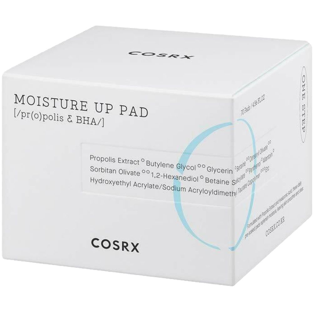 Witte vierkante verpakking. Opschrift: MOISTURE UP PAD, ingrediënten. Merk COSRX.