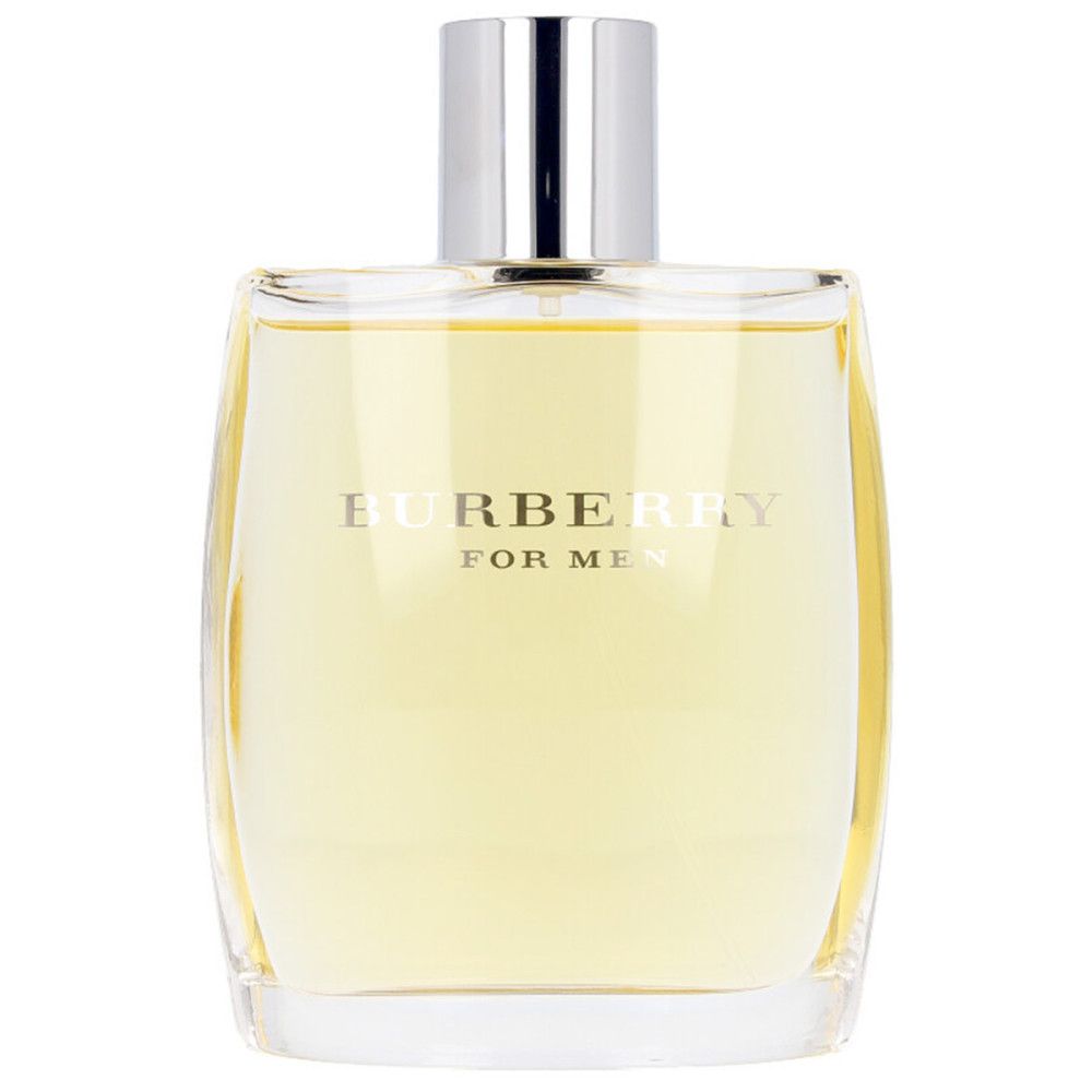 Flacon Burberry For Men Eau de Toilette. Forme rectangulaire en verre, bouchon argenté. Inscription Burberry For Men.