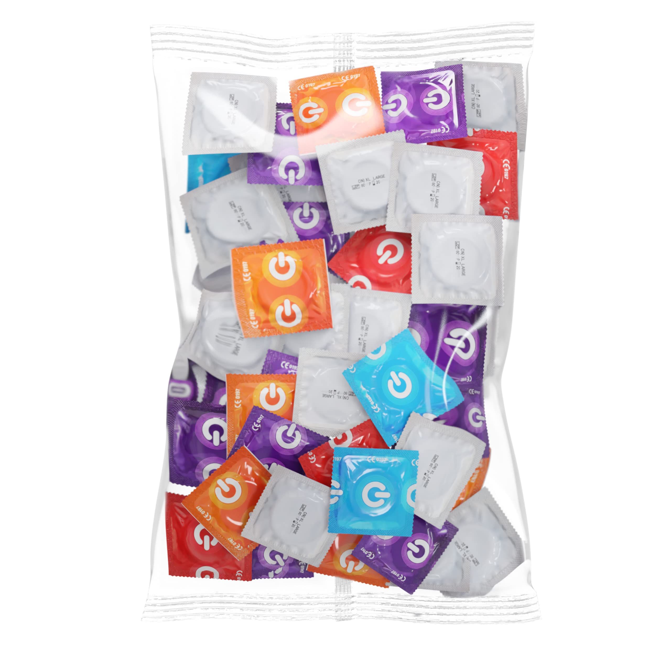 Verpakking met veel condooms in verschillende kleuren en ontwerpen.