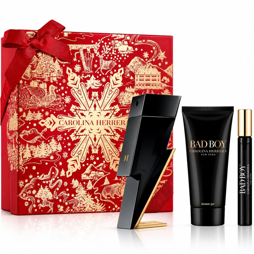 Coffret cadeau Carolina Herrera Bad Boy avec flacon de parfum en forme d'éclair, gel douche et vaporisateur de voyage.