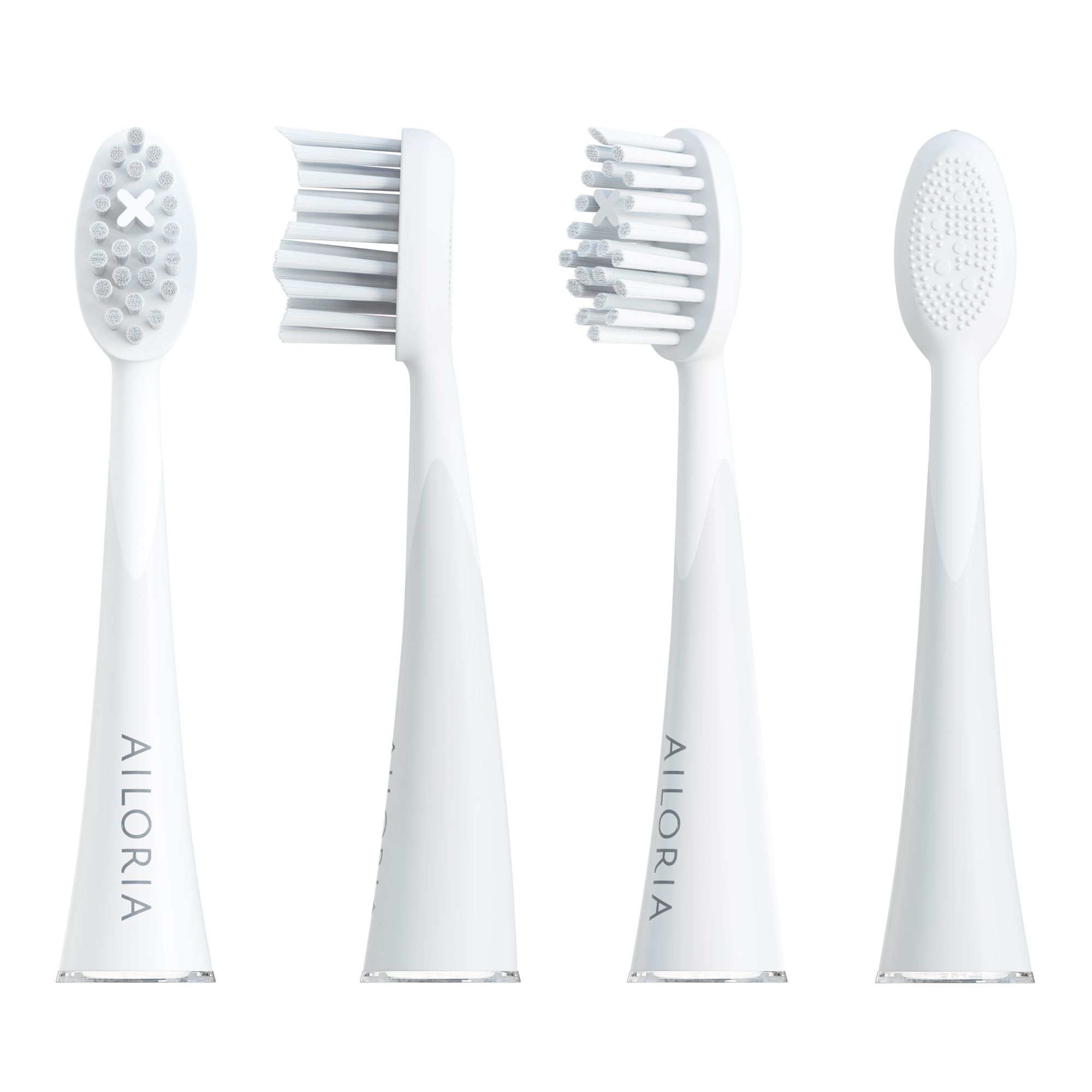 Quatre têtes de brosse de rechange blanches AILORIA SHINE BRIGHT sous différents angles. Inscription AILORIA.