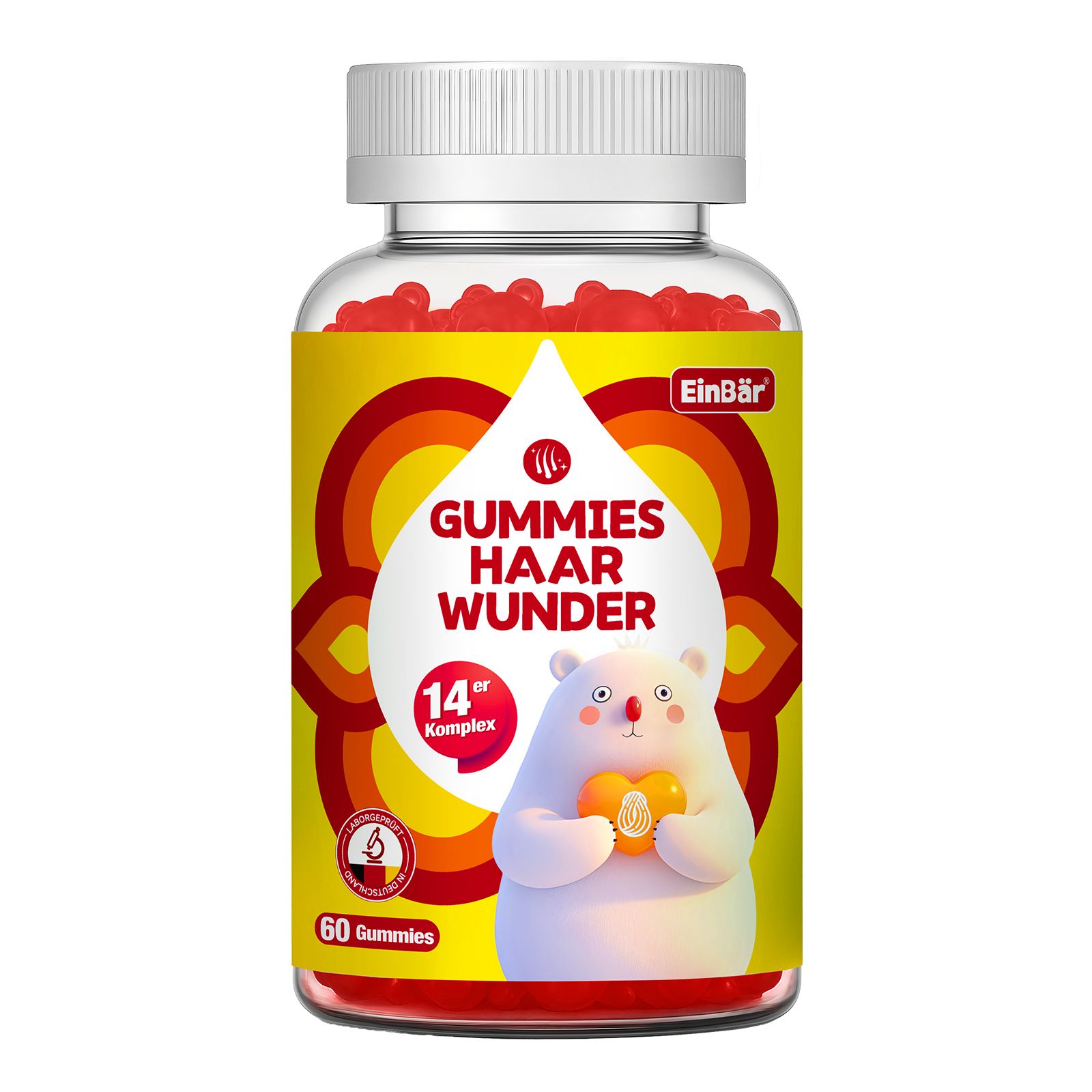 Bouteille de 60 oursons "Haar Wunder" d'EinBär, avec un ours et mention "14er Komplex".