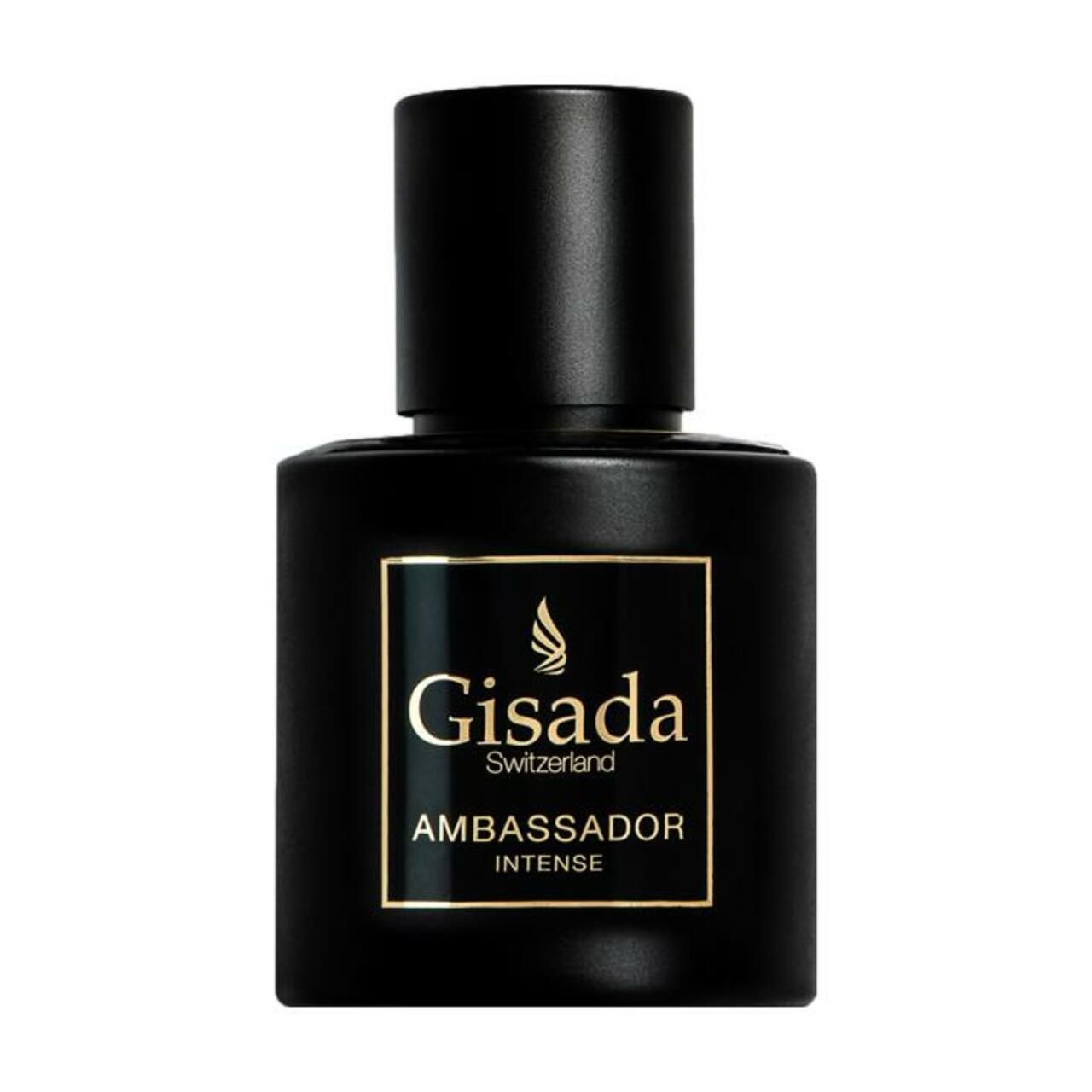 Flacon noir avec étiquette dorée : Gisada Ambassador Intense.